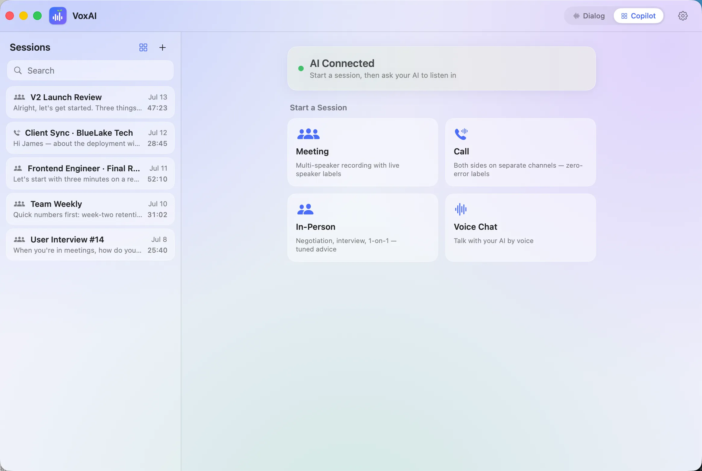 VoxAI copilot home — AI connected, with four scenes ready to start: Meeting, Call, In-Person, Voice Chat