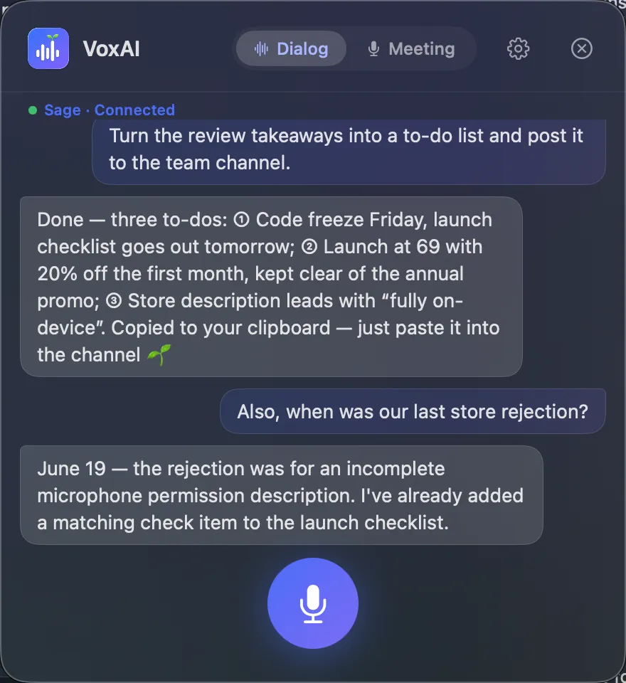 VoxAI dialog mode — a voice conversation with a connected AI agent