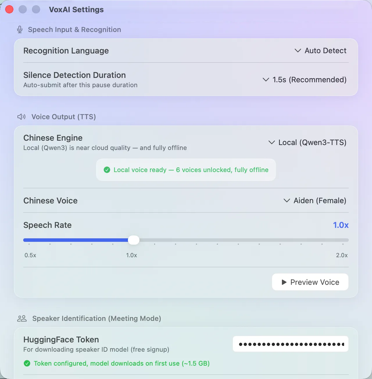 VoxAI settings — the voice engine switches between fully local and opt-in cloud